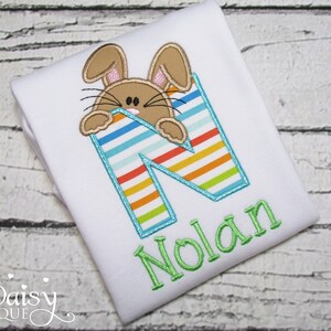 Boys Easter Shirt Initial Personalized Easter Shirt Easter Bunny Peeking Bunny Shirt Easter Applique Shirt Bunny Rabbit Stripe image 1