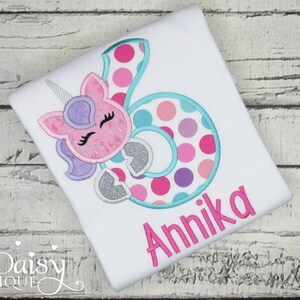 Unicorn Birthday Shirt - Applique Shirt - Embroidered Shirt - 6th Birthday - Sixth Birthday - Personalized Tee - Silver Glitter - Pink Aqua