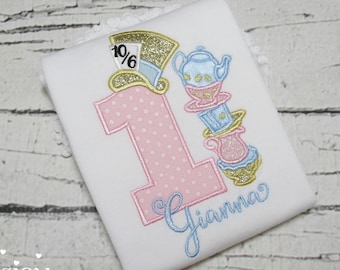 Alice in ONEderland Birthday Shirt - Tea Party - Embroidered Tee - Pink Blue Gold - Alice in Wonderland - First Birthday - 1st - Mad Hatter