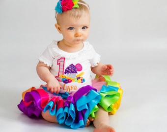 Candyland Birthday Outfit - Sweet One - Rainbow Tutu Set - Ribbon Trim Tutu Outfit - Applique Shirt - Embroidered Tee - First Birthday Dress