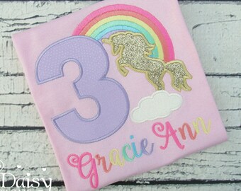 Unicorn Birthday Shirt - Pastel Unicorn Shirt - Rainbow Unicorn - Pastel Rainbow - Gold Unicorn - Unicorn Silhouette - Applique Shirt