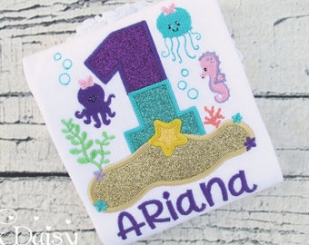 Ocean Birthday Shirt - Any Age - Under the Sea - Aquarium - Sea Creatures - Jellyfish - Seahorse - Octopus - Beach - 1st Birthday - Applique