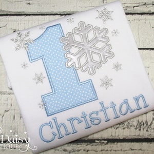 Winter ONEderland Birthday Shirt for Boys - Snowflake Birthday Shirt - Blue and Silver - First Birthday - Applique Shirt - Embroidered Shirt
