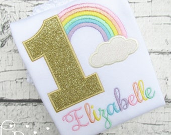 Rainbow Birthday Shirt - Pastel Rainbow - Girls First Birthday Shirt - Age 1-9 - Glitter Gold - Multi Color - Personalized Applique Shirt