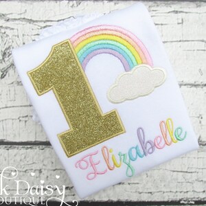 Rainbow Birthday Shirt - Pastel Rainbow - Girls First Birthday Shirt - Age 1-9 - Glitter Gold - Multi Color - Personalized Applique Shirt