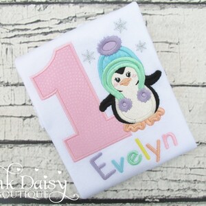 Girl&#39;s Penguin Birthday Shirt - ANY AGE - Pastel Rainbow - Snowflakes - Penguin Shirt - First Birthday - 1st Birthday - Applique Shirt