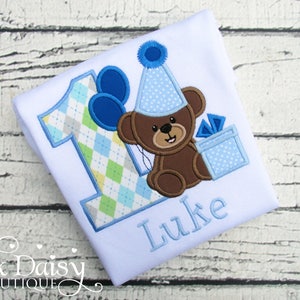 Teddy Bear Birthday Shirt for Boys - Teddy Bear Picnic - Light Blue and Brown - Present and Balloons - Applique Shirt - First Birthday Shirt