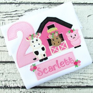 Girls Farm Birthday Shirt - Farm Animals - Pink Barn - Floral - Flowers - Roses - Cow - Horse - Pig - Second Birthday - Applique Shirt -