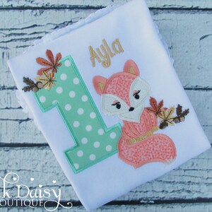 Woodland Fox Birthday Shirt - Mint Coral Gold - Ages 1-9 - Autumn - Fall - Leaves - Floral - Boho Fox - First Birthday Applique Shirt