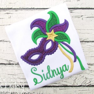 Girls Mardi Gras Shirt - Masquerade Mask - Purple Green Gold - Glitter - Personalized Applique Shirt - Baby Mardi Gras Shirt - Bodysuit