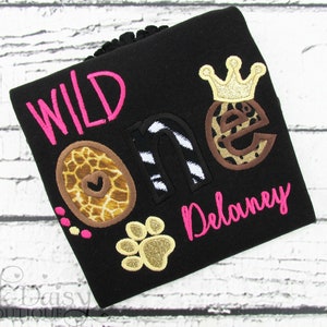 Wild One Birthday Shirt Animal Print Birthday Shirt TWO Wild Leopard Zebra Giraffe Black Pink Gold Crown Paw Applique Shirt image 1