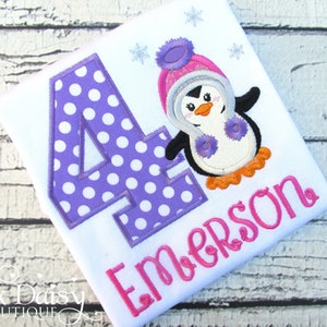 Girl&#39;s Penguin Birthday Shirt - ANY AGE - Pink and Purple - Snowflakes - Penguin Shirt - Fourth Birthday - 4th Birthday - Applique Shirt
