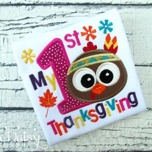 My First Thanksgiving Shirt Baby Girls 1st Thanksgiving Plum Mustard Teal Orange Gold Turkey with Feather Headband Applique Shirt image 1