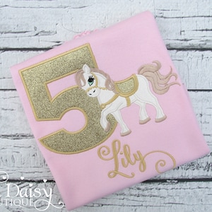 Pink Gold Horse Birthday Shirt - Girls Pony Birthday Shirt - 5th Birthday - Personalized Applique Shirt - Rodeo - Horseback Riding - Western