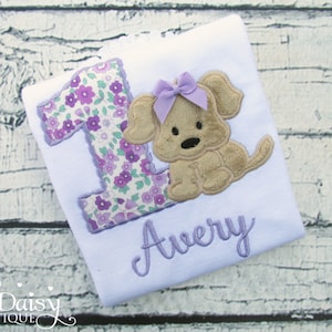 Puppy Birthday Shirt Dog Shirt Puppy Theme Purple Girls Puppy Party Puppy Paw-ty Applique Shirt Floral Lavender Flowers image 1