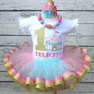 Circus Birthday Outfit - First Birthday Dress - Birthday Tutu Set - Pink Gold Aqua Blue - Ribbon Trim Tutu - Carnival - Circus Tent - Fair