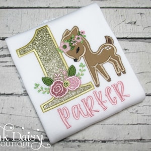 Baby Deer Birthday Outfit - Woodland Deer - Fawn - Rose Gold - Applique Shirt - First Birthday - 1st Birthday - Boho - Floral - Personalized