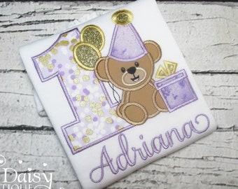 Girls Teddy Bear Birthday Shirt - Purple and Gold - Birthday Bear Outfit - Applique Shirt - Teddy Bear Picnic - Monogrammed Shirt - Balloons