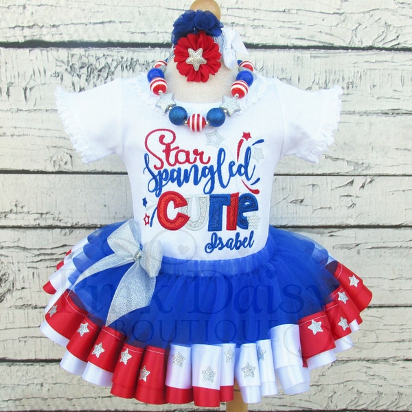 Girls 4th of July Tutu Set - Patriotic Dress - Fourth July Tutu - Red White Blue Silver - Stars - Ribbon Tutu Pageant Outfit - Personalized