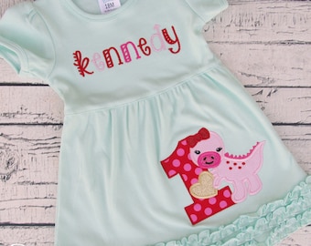 Girls Dinosaur Appliqué Dress - Personalized Dress - Mint Dress - Pink Dinosaur - Hearts - Embroidered Toddler Dress - Dinosaur Birthday