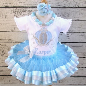 Cinderella Birthday Outfit - Light Blue and Silver - Princess Carriage - Pumpkin Coach - Princess Tutu Set - Ribbon Tutu - Applique Shirt