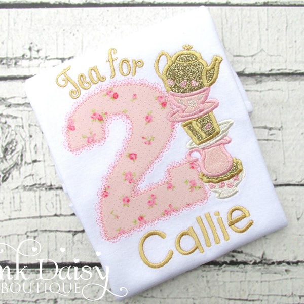 Pink Gold Tea Party Birthday Shirt - Tea for TWO - Floral  - Teacups - Tea for 2 - Second Birthday - Alice in Wonderland - Applique Shirt