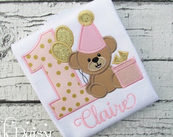 Pink and Gold Teddy Bear Birthday Shirt - Girls Birthday Shirt - Teddy Bear Shirt - Presents - Balloons - Teddy Bear Theme - Applique Shirt