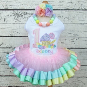 Pastel Candyland Birthday Outfit Candy Tutu Set Pastel Rainbow Sweet to Be ONE TWO Sweet Ribbon Trim Tutu 1st Birthday Dress image 1