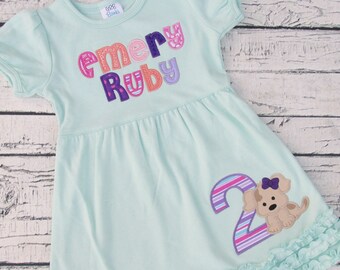 Girls Puppy Birthday Dress - Dog Applique Dress - Personalized Baby Dress - Mint Ruffle Dress - Puppy Birthday - Purple Puppy Dress