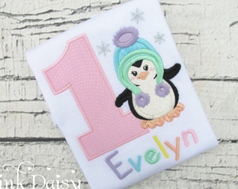 Girl's Penguin Birthday Shirt - ANY AGE - Pastel Rainbow - Snowflakes - Penguin Shirt - First Birthday - 1st Birthday - Applique Shirt