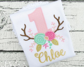 Floral Antlers Birthday Shirt - Pink Mint Gold - Boho Birthday Shirt - Deer Antlers - Roses - 1st Birthday - Applique Shirt - Woodland Theme