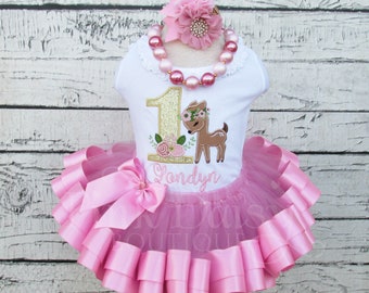 Woodland Deer Girl Birthday Outfit - Woodland Fawn - Boho Deer - Rose Gold Tutu - Ribbon Trimmed Tutu - Applique Shirt - Oh Deer - Flowers