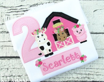 Girls Farm Birthday Shirt - Farm Animals - Pink Barn - Floral - Flowers - Roses - Cow - Horse - Pig - Second Birthday - Applique Shirt -