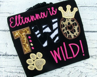 TWO Wild Birthday Shirt - Wild ONE Birthday Shirt - Animal Print - Leopard Zebra Giraffe - Black Pink Gold - Crown - Paw - Applique Shirt