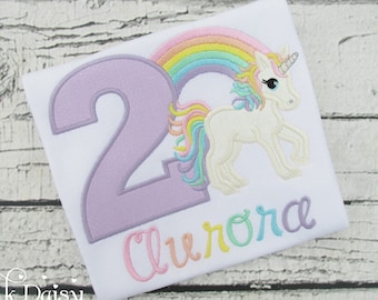 Unicorn Birthday Shirt 2 - Pastel Rainbow - Rainbows and Unicorns - Applique Shirt - 2nd Birthday - Embroidered Shirt - Personalized Shirt