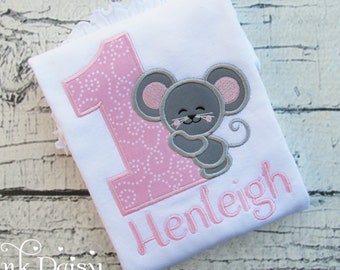 Girls Mouse Birthday Shirt - Mouse First Birthday - Pink and Gray - Grey - Personalized Birthday Shirt - Applique Shirt - Cute Mouse Shirt
