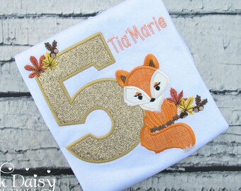 Girls Fox Birthday Shirt - Autumn - Fall - Leaves - Floral - Woodland Fox - Boho Fox - Peach Orange Gold Brown - 5th Birthday Applique Shirt