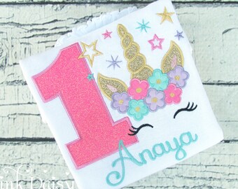 Unicorn Birthday Shirt - Stars - Magical Birthday - Pink Aqua Lavender Gold - Unicorn Face - Unicorn Head - Flowers - Floral - Glitter