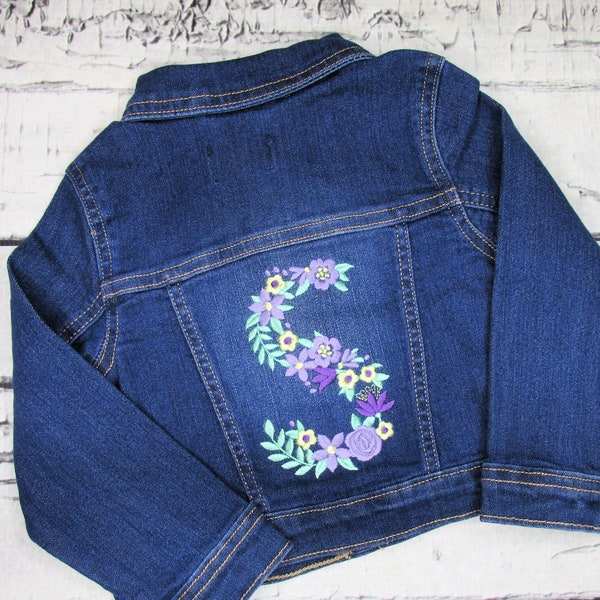 Toddler Jean Jacket - Baby Girl Jean Jacket with Floral Initial - Monogrammed Denim Jacket - Personalized Gift for Girl - Flower Letter