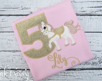 Pink Gold Horse Birthday Shirt - Girls Pony Birthday Shirt - 5th Birthday - Personalized Applique Shirt - Rodeo - Horseback Riding - Western