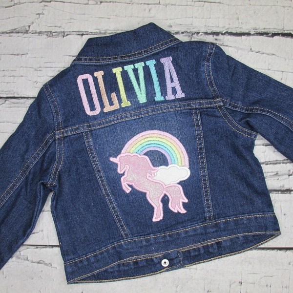 Personalized Jean Jacket for Girls with Unicorn and Rainbow - Denim Jacket with Name - Toddler Girls - Baby Jean Jacket - Embroidered Jacket