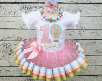 Hot Air Balloon Birthday Outfit - Hot Air Balloon Tutu - Ribbon Trim Tutu - Pink Blue Gold - Applique Shirt - First Birthday - 1st Birthday