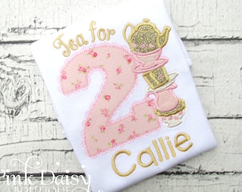 Pink Gold Tea Party Birthday Shirt - Tea for TWO - Floral  - Teacups - Tea for 2 - Second Birthday - Alice in Wonderland - Applique Shirt