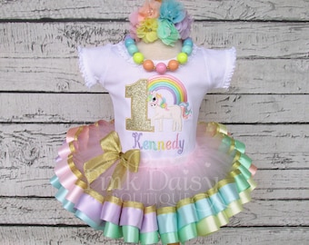 Pastel Rainbow Unicorn Tutu Set - Unicorn Birthday Outfit - Unicorn First Birthday - Ribbon Tutu Outfit - Rainbow Unicorn Tutu with Gold