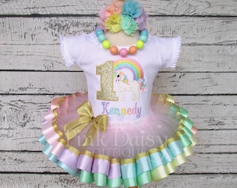 Gold Unicorn Birthday Outfit - Pastel Rainbow Unicorn Tutu Set - Pastel Unicorn - Ribbon Tutu Outfit - First Birthday Dress - Unicorn Outfit