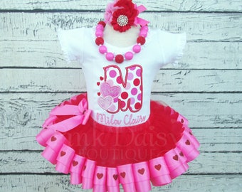 Valentines Day Outfit Baby Girl - Ribbon Trim Tutu  Set - Toddler Girl - Valentine Dress - Applique Shirt - Embroidered Shirt - Heart Tutu