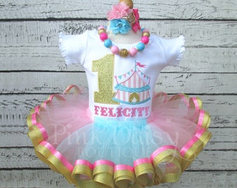 Circus Birthday Outfit - First Birthday Dress - Birthday Tutu Set - Pink Gold Aqua Blue - Ribbon Trim Tutu - Carnival - Circus Tent - Fair