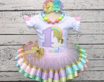 Unicorn 1st Birthday Outfit - Unicorn Birthday Outfit - Unicorn Tutu - Pastel Rainbow - Pastel Unicorn - Rainbow Unicorn - Ribbon Trim Tutu