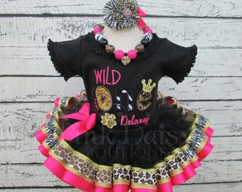 Wild ONE Birthday Outfit Girl - Animal Print Tutu - Zoo Birthday - Second Birthday - Ribbon Trim Tutu Skirt - Ribbon Tutu - Black Pink Gold