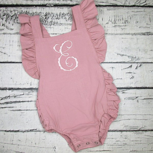 Monogrammed Sunsuit For Baby Girl - Rose Pink Romper with Ruffles - Mauve - Rose Gold - Initial - Birthday Outfit - Sun Suit - Personalized